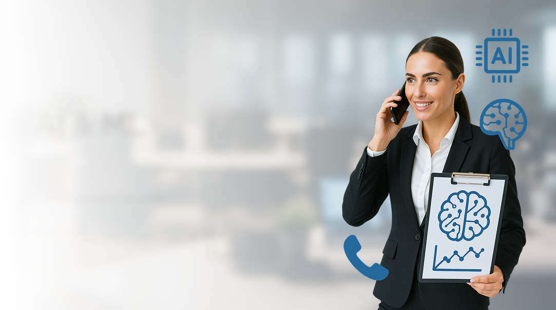 An executive woman on a call, representing lead management.
