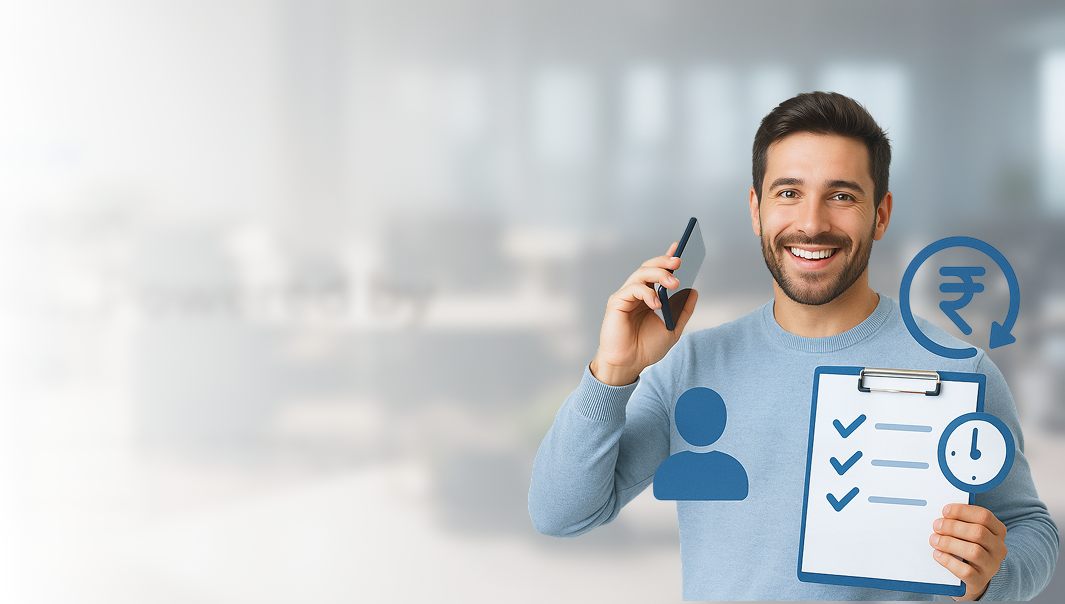 A smiling man on a call with a clipboard and financial icons, representing loan collections.