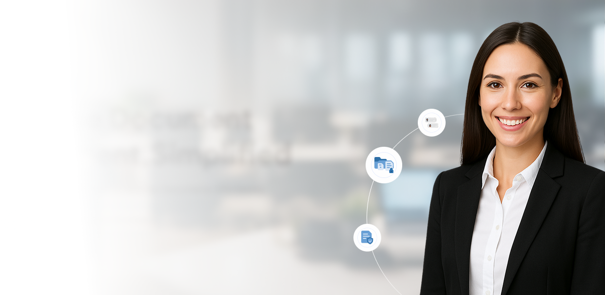 A smiling professional woman representing document management.