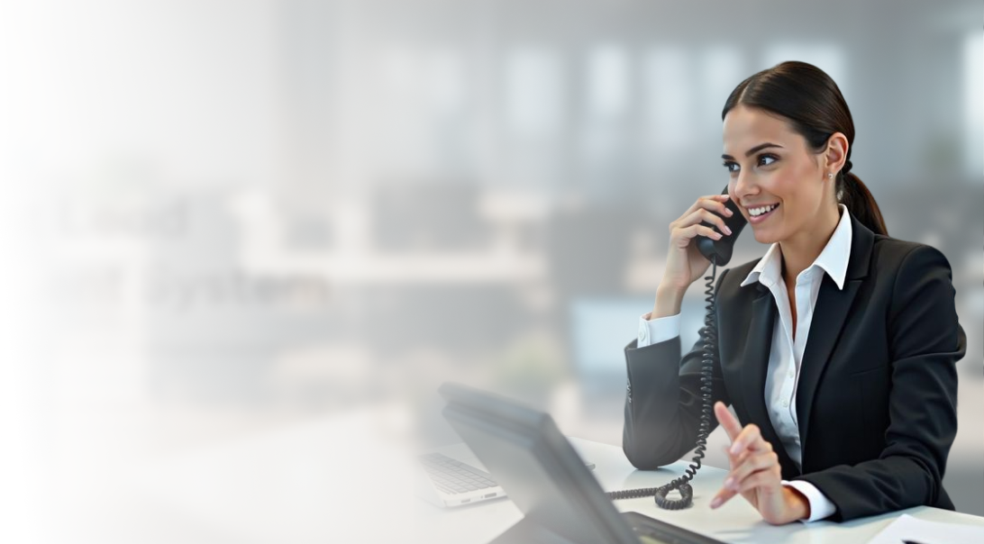 An executive woman on a call, representing lead management.