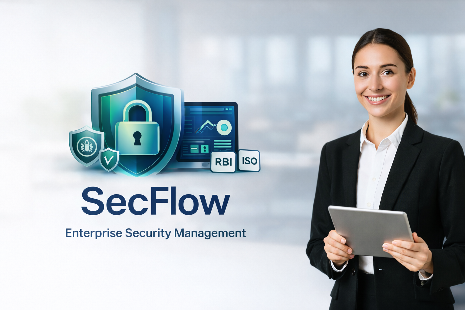 A smiling professional woman representing document management.