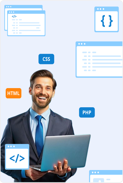 Developer with laptop showing code