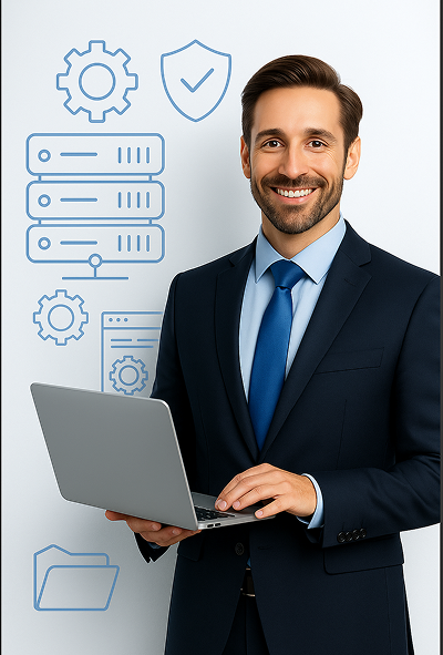 Service person with laptop showing performace